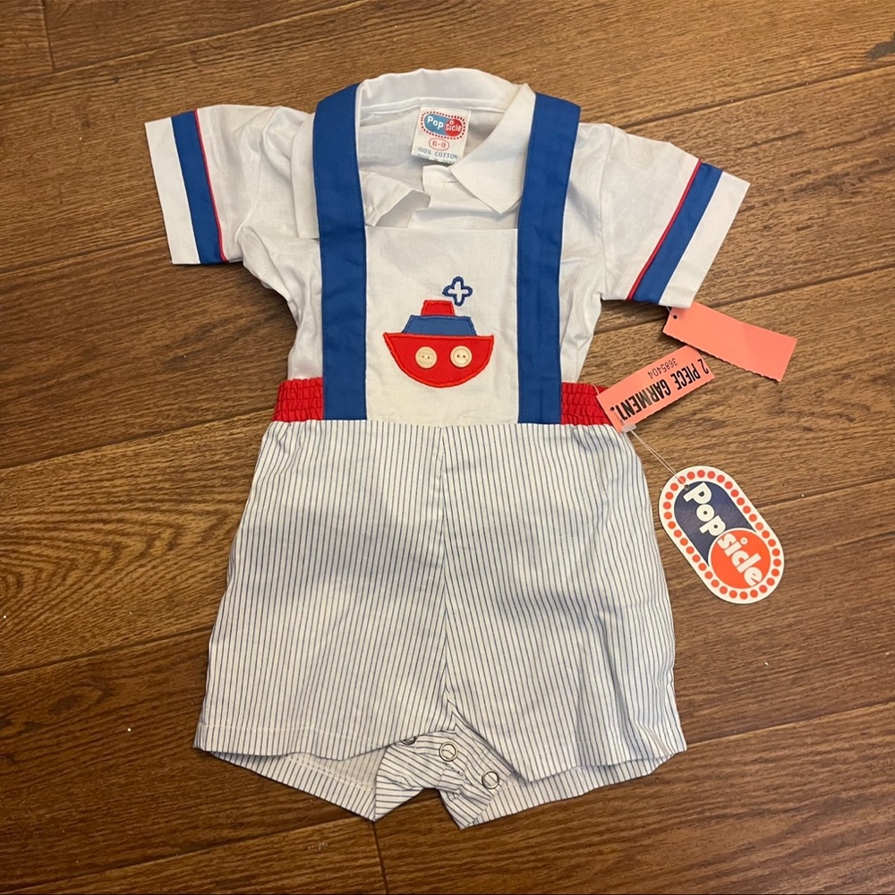 Popsicle Pop Sicle VINTAGE KIDS Boys 6-9M boat one piece overall set NWT